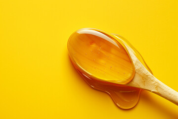 Wooden Spoon Filled With Honey on Yellow Background