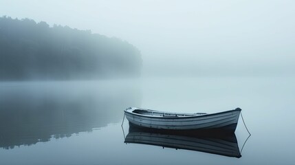Capturing the eerie tranquility of a solitary boat lost in the misty embrace of a dawn-lit lake, resonating with a poignant stillness.