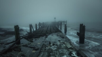 Eerie shot of a derelict pier at dusk, perfect for conveying desolation and the haunting beauty of abandoned places.