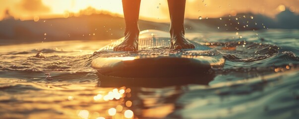 A close up of the legs in paddle board on the sea, feeling free.