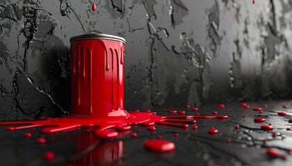 large open used can of red paint with drips - obrazy, fototapety, plakaty