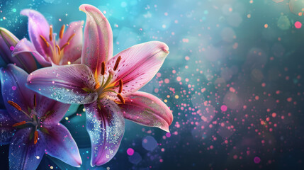 Beautiful pink purple lilly flower on decorative sparkling blur background with copy space as wallpaper illustration, Elegant Pink Purple Glitter Flower