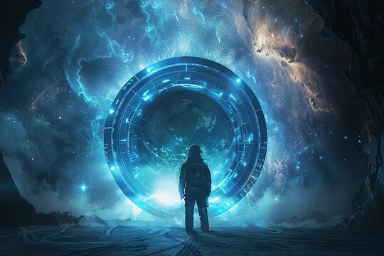creates an image of a time traveling astrounaut waiting a cross stargate to change dimesion . hyper - realstic and cinematic image with a great science fantastic look