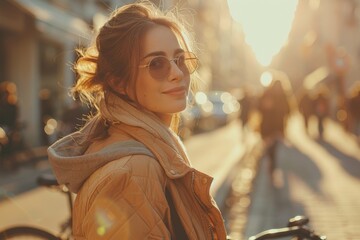 Attractive woman with sunglasses and warm attire enjoying city life during sunset