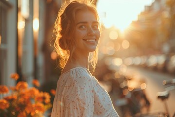 Radiant woman in a floral top enjoying the golden light of sunset on a city street
