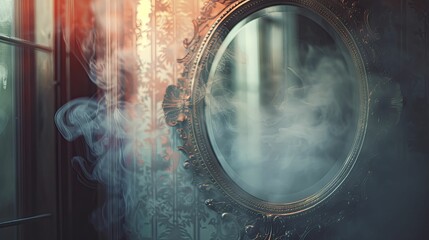 Capture eerie ghostly figures in an antique mirror, using a blurred effect to intensify the paranormal aura for ghost hunting. - obrazy, fototapety, plakaty