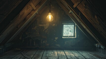 Gloomy attic room with a lightbulb flickering, photo capturing the claustrophobic and haunted atmosphere, suitable for thriller scenes. - obrazy, fototapety, plakaty