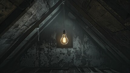 A chilling photograph of a gloomy attic room with a flickering lightbulb, evoking a claustrophobic and haunted ambiance for thriller scenes. - obrazy, fototapety, plakaty