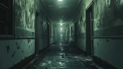 Gloomy corridor with flickering lights, photography of an abandoned asylum, eerie atmosphere, ideal for horror themed content. - obrazy, fototapety, plakaty