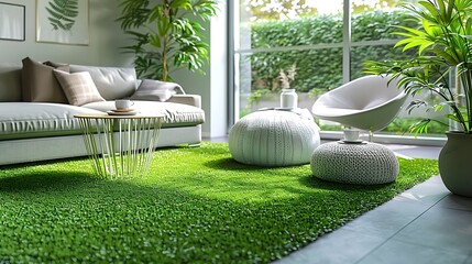 a serene Scandinavian-inspired living area, adorned with a lush green carpet, showcasing clean lines, understated colors, and discreet hints of foliage for a harmonious atmosphere - obrazy, fototapety, plakaty