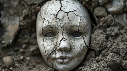 The eerie image captures an old, cracked doll face emerging from the earth, perfect for chilling tales of cursed artifacts.