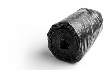 Roll of Black Trash Bags on White Background