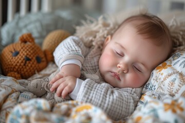 Peaceful infant in cozy clothes clasps a soft toy, depicting innocence and serene slumber - obrazy, fototapety, plakaty