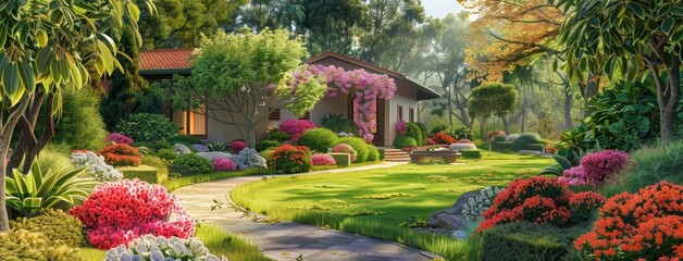 a single-story house nestled within a beautiful garden, where vibrant flowers, lush greenery, and manicured lawns create a picturesque backdrop of tranquility and serenity.