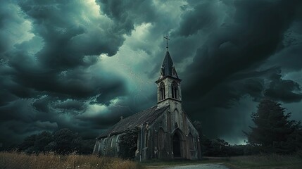 A haunting image captures storm clouds looming above a weathered church, setting a chilling tone for apocalyptic narratives.