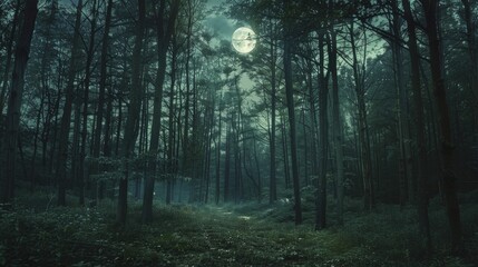 The eerie shadows cast by moonlight in the dense, creepy forest capture fear and mystery in nature perfectly.