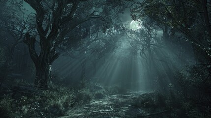 A hauntingly beautiful image capturing fear and mystery in nature, as moonlight casts eerie shadows in a dense, creepy forest.