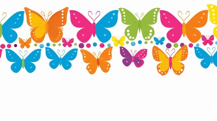   A group of multicolored butterflies against a white backdrop, with a row of smaller butterflies situated in the image's center - obrazy, fototapety, plakaty