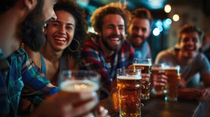 Cheerful Friends Enjoying Beers at Trendy Bar Night Out