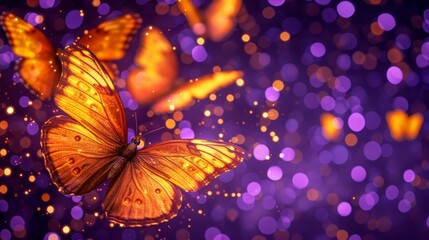   A tight shot of a butterfly in flight against a hazy backdrop of vibrant purple and yellow lights