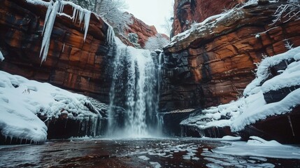 A waterfall in a snowy gorge with icy formations
