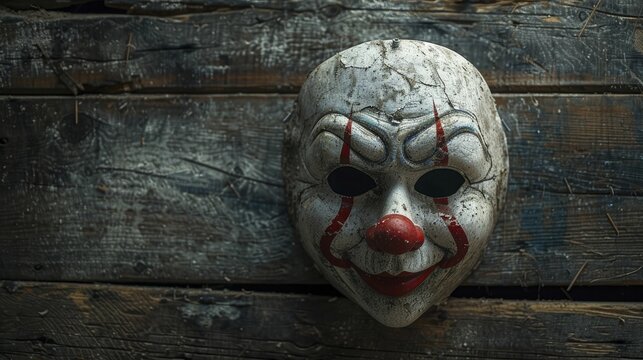 A chilling image capturing an aged clown mask, ominously suspended on a barn wall, ideal for a circus-inspired horror setting.
