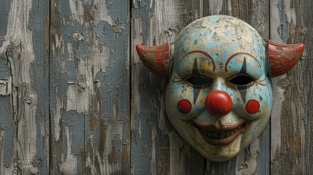 The eerie image of a dilapidated clown mask on a rustic barn wall evokes a chilling presence perfect for circus-themed horror.
