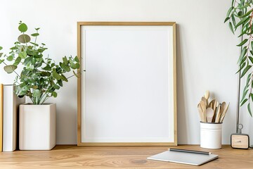 front view picture frame mockup on wooden desk and white background