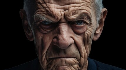 Highresolution photo of an elderly man showing a strong angry emotion, close up on face to emphasize the wrinkles and expression lines