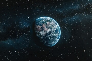Full view of planet Earth slowly rotating in high quality, with atmosphere and starry background