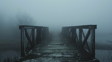 Photograph of a desolate bridge in a foggy landscape, evoking feelings of isolation and suspense, ideal for mystery thrillers. - obrazy, fototapety, plakaty