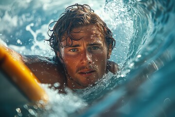 A captivating shot that showcases the power and grace of a swimmer's backstroke movement in shimmering blue waters