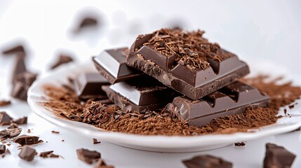 Closeup of a plate with delicious dark chocolate on a white background