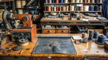 A sewing machine sits on a table in a cluttered room. The room is filled with various sewing supplies, including spools of thread and scissors. The atmosphere of the room is busy and chaotic