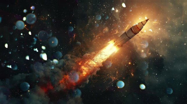 A rocket is soaring into the sky, with flames and smoke emanating from its main engine. The background features stars and space elements