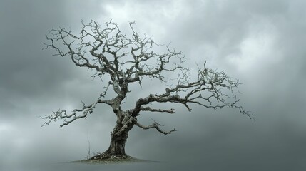 The ominous silhouette of the ancient tree against the turbulent sky evokes an eerie blend of nature's fury and mystic influences.