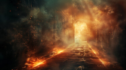 Illustration of a light at the end, epic dramatic concept of death