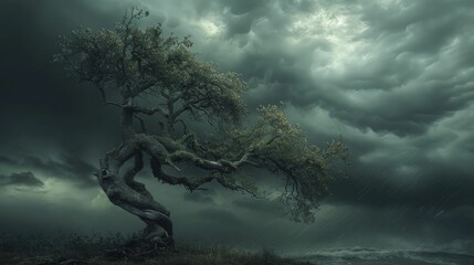 The eerie silhouette of the ancient tree entwined with the stormy sky invokes nature's fury and mystical energies.