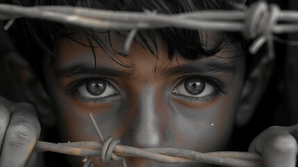 4. Refugee Children: Innocent faces peer out from behind barbed wire fences, their eyes reflecting a mixture of fear and resilience, as they navigate the challenges of life in a re