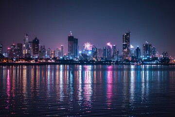 Fototapeta premium Beautiful Mumbai's skyline illuminated by spectacular fireworks. Ai generated
