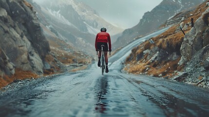 lens of a cinematic camera, a cyclist is captured in a moment of intense focus as they navigate a treacherous mountain pass, their determination etched into every pedal stroke. - obrazy, fototapety, plakaty