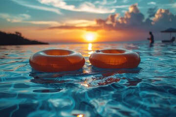 A tranquil image capturing two vibrant orange inflatable rings gently bobbing on the serene waters of a pool against a stunning sunset backdrop - obrazy, fototapety, plakaty