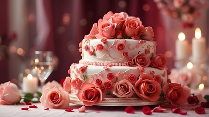 Type of Image: Artistic Image, Subject Description: An artistic representation of a beautiful red wedding cake adorned with roses, Art Styles: Romanticism, Art Inspirations: Floral paintings, Camera: 