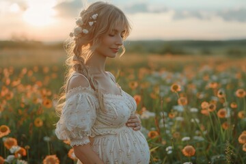 Fototapeta na wymiar A serene pregnant woman in a delicate white dress stands among a field of vibrant flowers at sunset