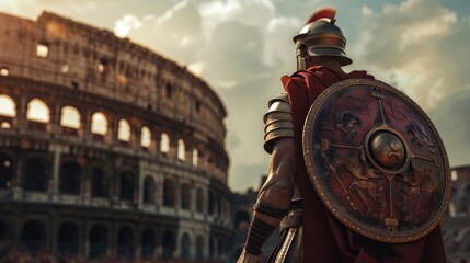Roman Gladiator in Armor with Colosseum Background