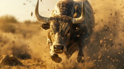 Majestic Bull Charging in Dusty Sunset Light