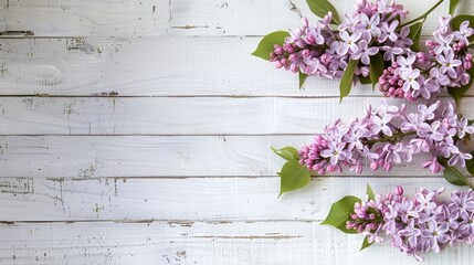 a floral backdrop, showcasing lilac flowers arranged on a white grunge wood background, offering ample copy space and a view from above, perfect for Mother's Day, Birthday, or Easter.