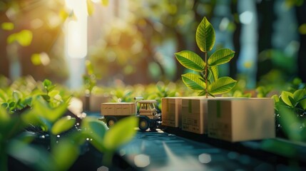 Eco-Friendly Logistics Concept with Toy Truck and Green Leaves