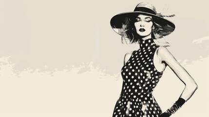 Elegant Woman in Polka Dot Dress and Wide-Brim Hat Monochrome Sketch