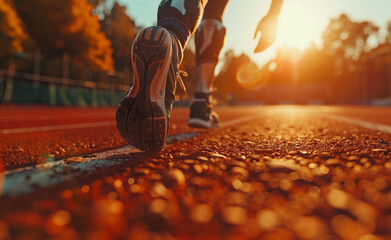 Close up of an amputee leg in running shoes, running on the track outside with a blurred background...